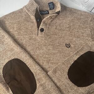 Ralph Lauren Chaps Sweater Mens Large Tan Henley Mock Neck Elbow Patch Knit
